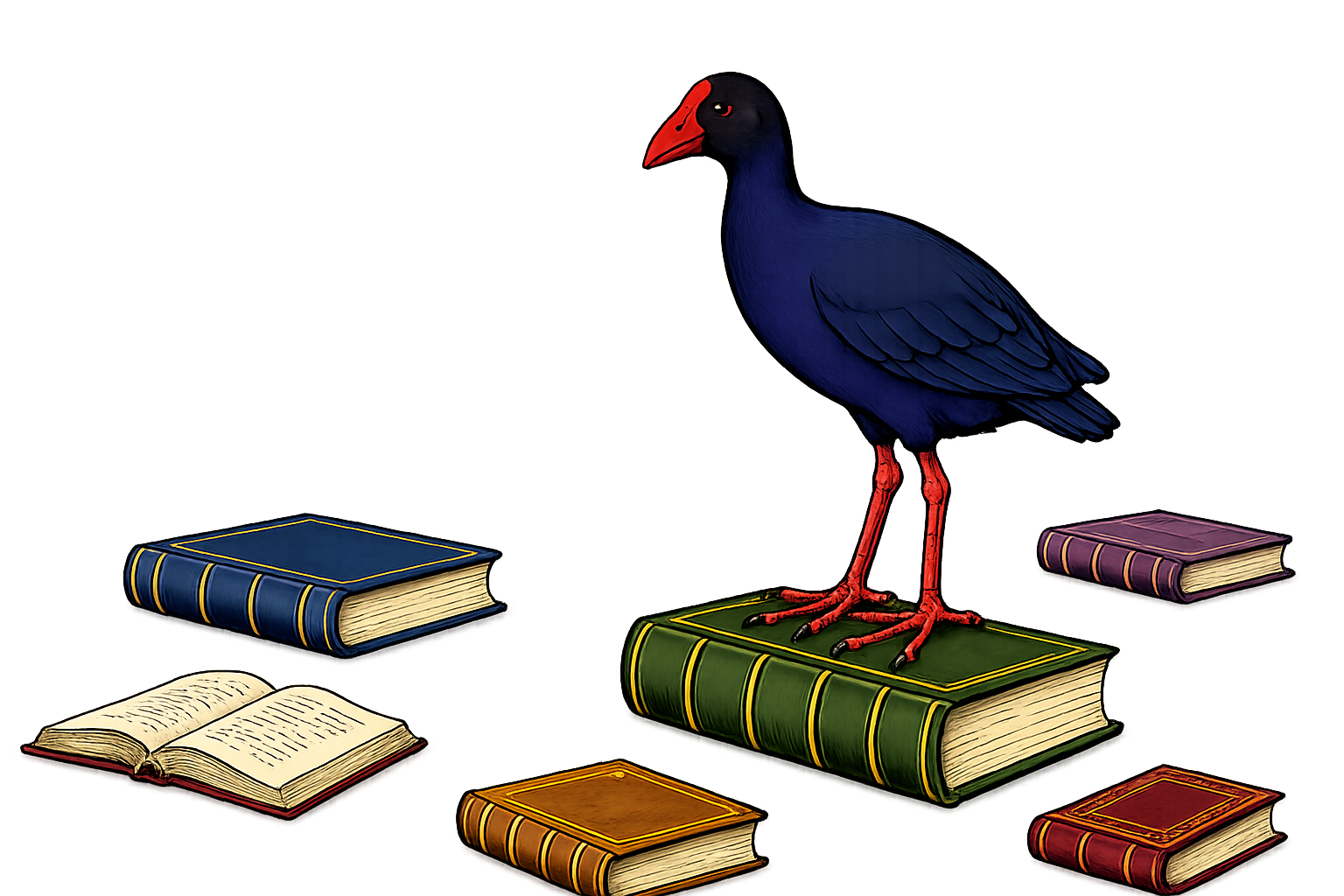 Pūkeko standing on books illustration