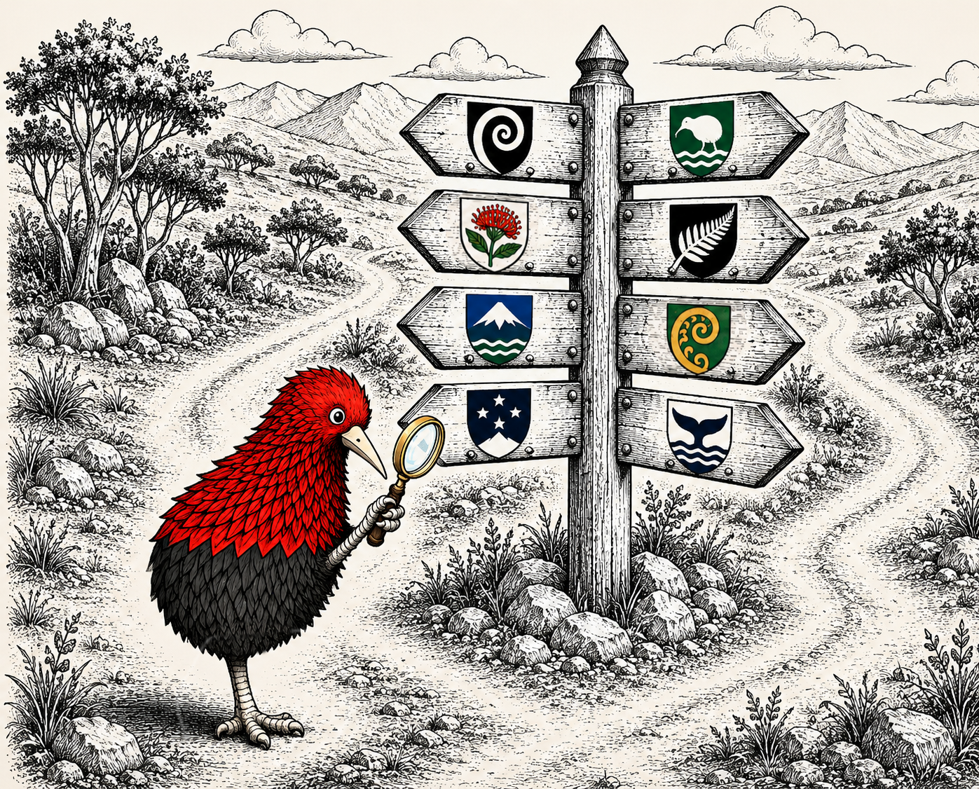 Kiwi examining a signpost of New Zealand heraldry