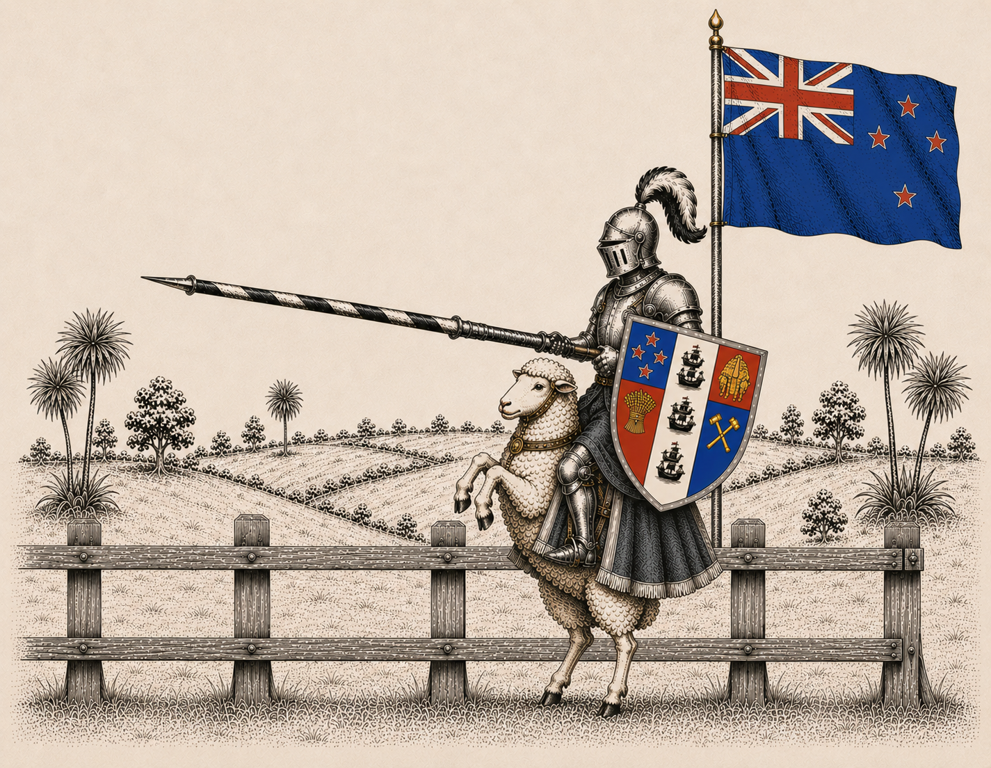 Knight riding a sheep with New Zealand flag
