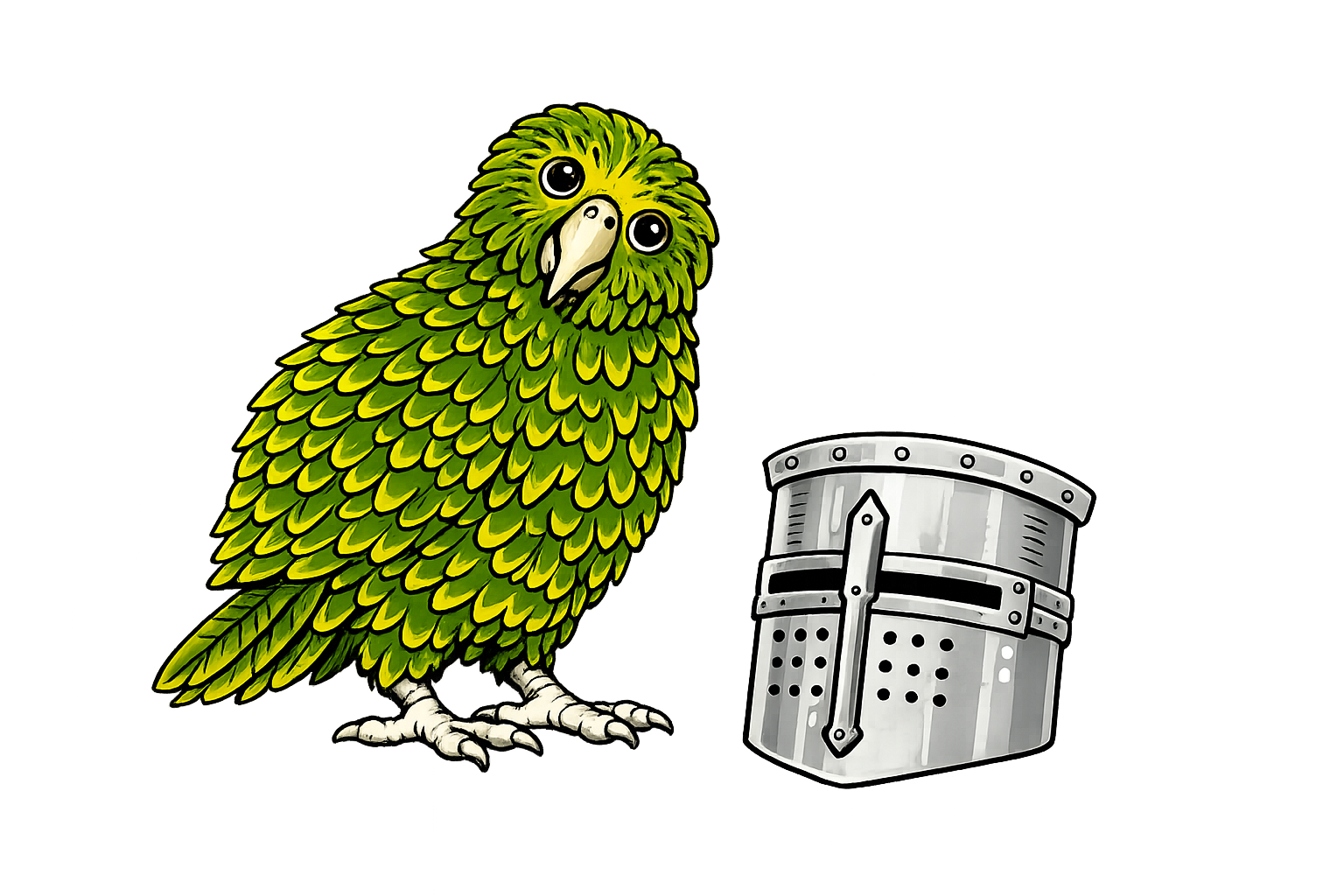 Kākāpō and helmet heraldic illustration